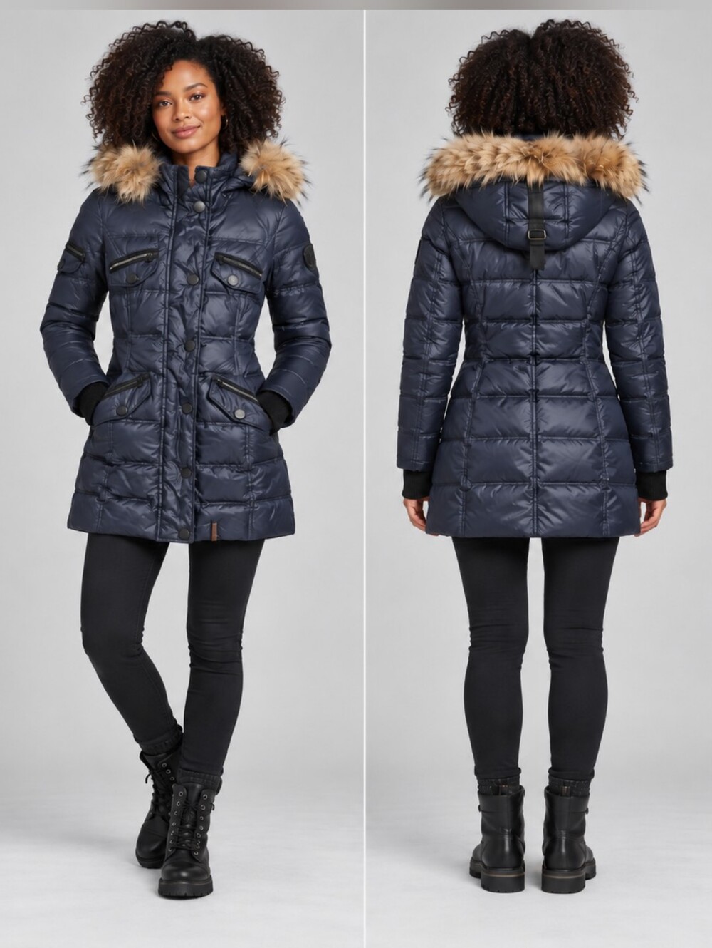 RUDSAK Navy Hooded Long Puffer Parka Fur Trim Coat Women’s XS